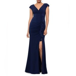 Xscape Ruched Cascade Slit Gown
